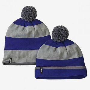 NWT Patagonia "Lightweight Powder Town Beanie" OG Rugby Stripe Blue Grey Pom Hat